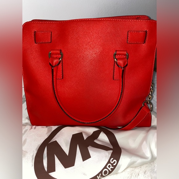 MICHAEL KORS HAMILTON MANDARIN RED SAFFIANO LEATHER GOLD EW SATCHEL BAG - Picture 7 of 9